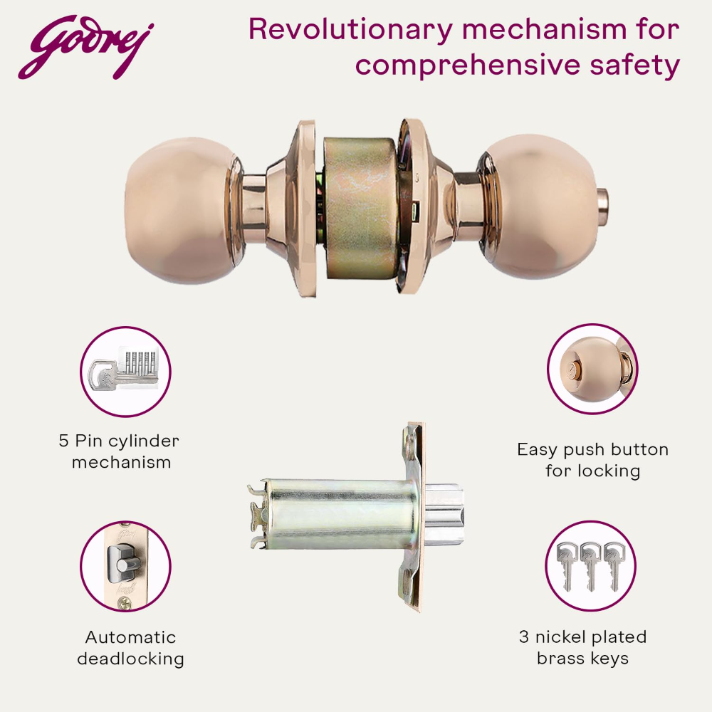 Godrej Cylindrical Lock| With 3 Keys I Suitable for Bedroom Doors &Inter-Connected Doors for Commercial Space | Backset 60mm | Door Thickness 32mm to 45mm | Rose Gold Finish | 5 years warranty
